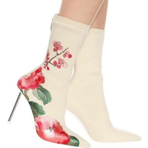 Moraima Snc Woman Fashion High Heel Ankle Boots Pointed Toe Stretch Fabric Flower Embroidery Thin Heels Boots