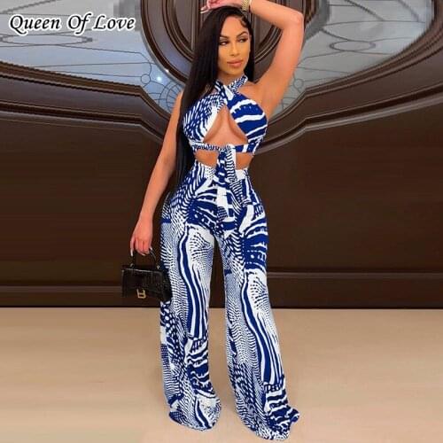 Vintage Print Matching Pant Sets Women 2021 Summer Sleeveless Sexy Backless Halter Crop Top And Wide Leg Pants Two Piece Outfits