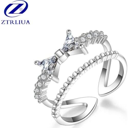 Fashion Temperament 925 Sterling Silver Jewelry Temperament Double Layer Butterfly Bow Female Opening Crystal Rings SR311