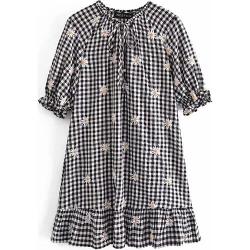 Dress Women Embroidery Flower Plaid Print Loose Dress Summer Casual Drawstring Ruffles Hem Fashion Vestidos Mujer 2021 New
