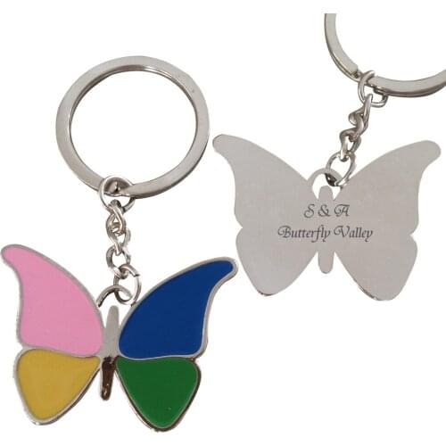 100Pcs Engraved Personalized Gift For Wedding Guests Colorful Butterfly Key Chain Ring Customized Baby Shower Favors With Bag