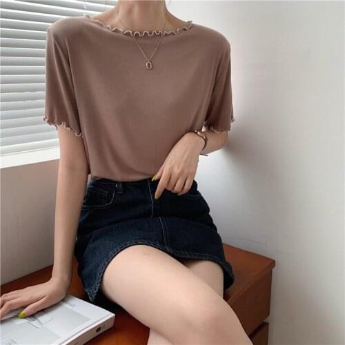 2021Womens Clothing Summer New Womens Casual All-match T-shirt Womens Short-sleeved Thin Womens Clothing with Wooden Ears