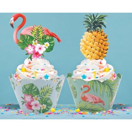 24pcs/st Tropic Flamingo / Pineapple Cupcake Wrappers + Cake Topper for Hawaii Wedding Birthday Party Cake Decorating Supplies