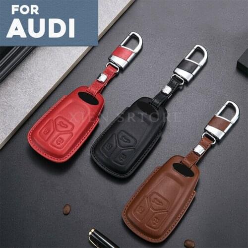 Genuine Leather Remote Start Car Key Fob Cover Case Shell Auto Accessories Holder For Audi TT A4L A3 A6L QT S5 S7 Q7 2017-2018