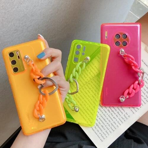 Fluorescence Candy Color Heart Wristband Phone Case for Huawei P30 P40 Mate 30 Pro Wrist Chain Holder Transparent Clear Cover