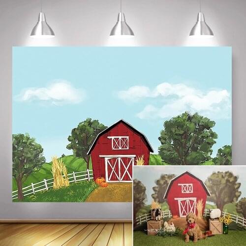 Farm Themed Party Photography Backdrop Autumn Red Warehouse Pumpkin Background Oil Panting Style Crops Video Backdrops Props