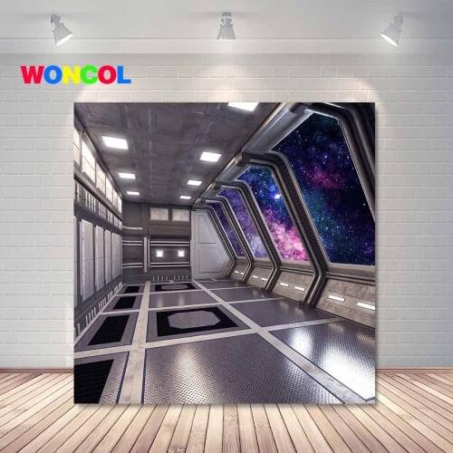 Woncol Spaceship Planet Photography Backdrop Boys Birthday Universe Science Fiction Photo Background Navy Blue Vinyl Photo Props