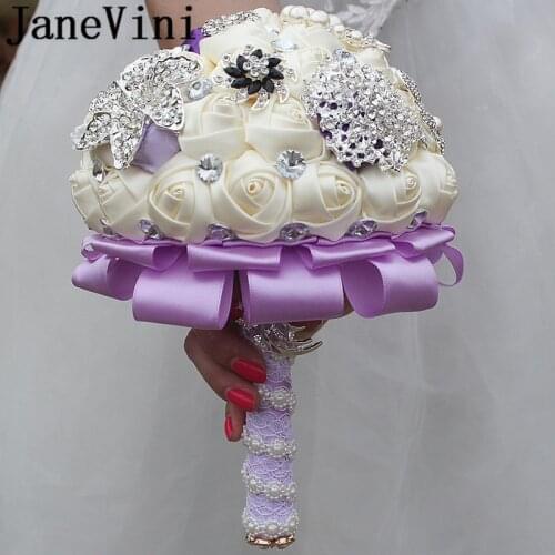 JaneVini Sparkly Crystal Bridal Bouquet Holder Ivory Satin Rose Wedding Flowers Beaded Pearl Bridesmaid Bouquet Bloemen Bruiloft