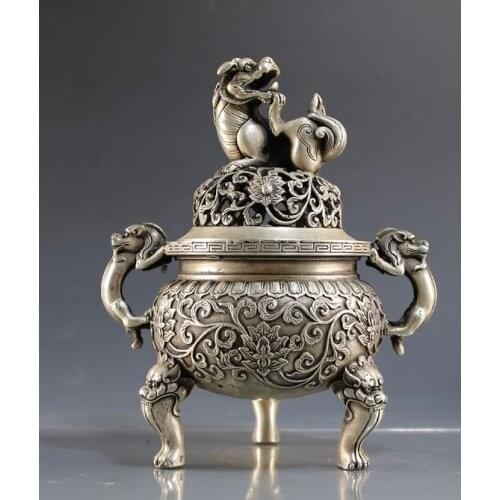 Collection MingDynasty silver carved dragon censer ornaments,Hand carving crafts,best adornment & collection,free shipping