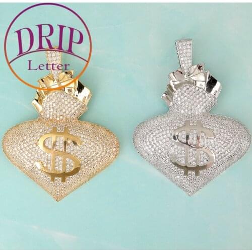 No Chain Dollar Sign Heart Shape Pendant Gold Color Plated 5A Cubic Zircon Hip Hop Rock Street Jewelry