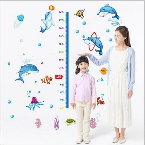 Cartoon Ocean World Dolphin Coral Fish Wall Sticker Kids Rooms Bedroom Nursery Background Decor Decals Child Height Stickers