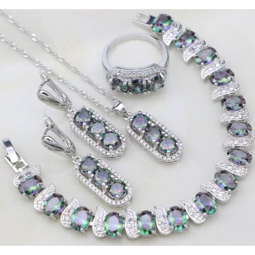 925 Silver Bridal Jewelry Sets For Women White Crystal Mystic Rainbow Cubic Zirconia Bracelets/Necklace/Pendant/Earrings/Ring