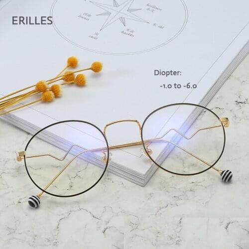 New Anti Blue Light Spectacles Women Retro Round Metal Myopia Glasses For Women Nearsighted Eyeglasses Gir And Boy Eyewear -2.0