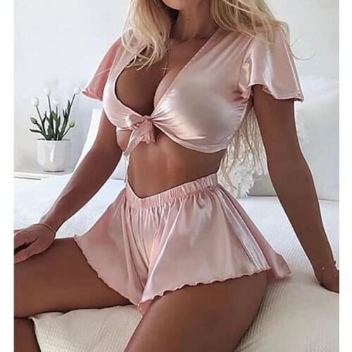 Sleepwear Silk Imitation Womens Pajamas Deep-V Lace up Nightgown Sexy Pajamas Sets Suit Pink Sexy Nightie Wholesale