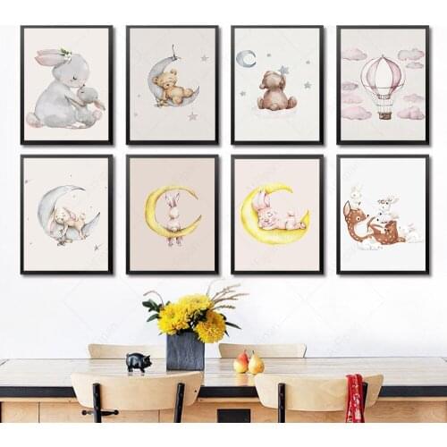 Lovely Bunny Poster Animal Nursery Wall Art Print Rabbit Moon Canvas Painting Nordic Wall Pictures Girl Baby Room Interior Decor