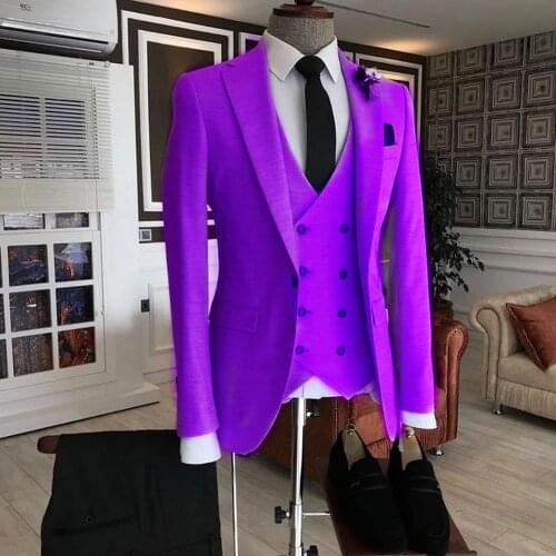 Luxury purple Double Breasted Vest Costume Homme Men Suits For Wedding Groom Prom Best Man Blazer Masculino Slim Fit 3 Pieces