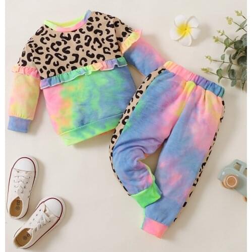 Infant 2Pcs Tracksuist For Baby Bosy Girls Tie-Dyed Leopard Print Long Sleeve Top + Trousers Long Pants Toddler Outfits Clothes