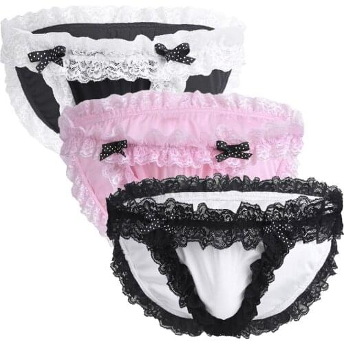 M-3XL Sissy Llingerie For Men Gay Pink Lace Bow Satin Briefs Panties Male Penis Pouch Thong Plus Size Underpants Erotic For Sex