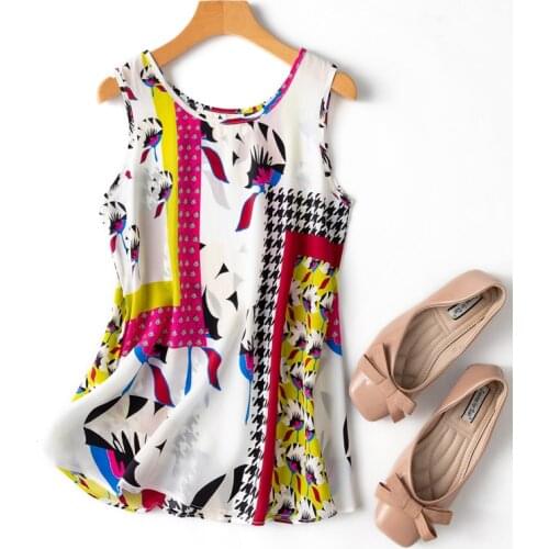 Womens 100% Pure Silk Satin Fabric Tank Top Blouse Shirt sleeveless Vest Summer Prints Size S M L XL L1205