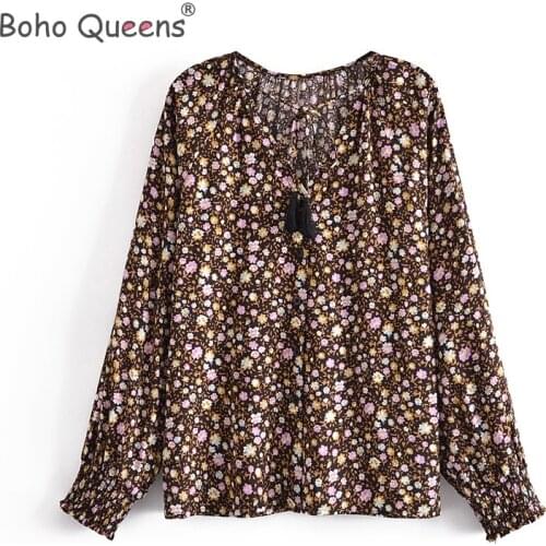 Boho Queens Tops Vintage leopard Floral Print tassel Loose Blouses ladies lace-up o-Neck Long Sleeve Beach Shirts Blusas Mujer