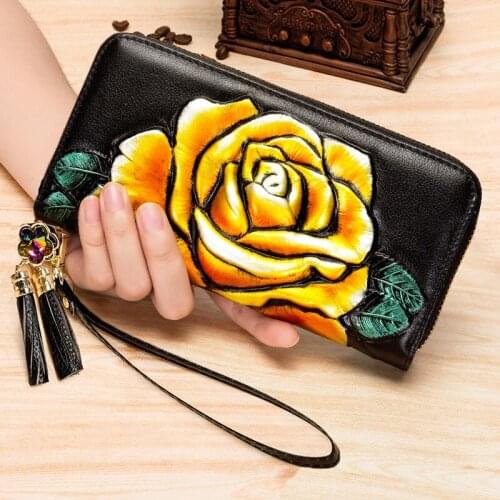 New Genuine Leather Wallet Female Long Women Wallets And Purses Luxury Brand Clutch Purse Floral Real Leather Money Bag