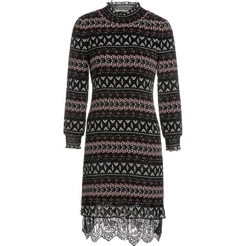 Gowani Bohemian floral printed mock neck long sleeve lace hem crinkle short fitted dress
