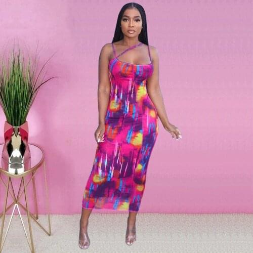 Rainbow Tie Dye Print Summer Long Maxi Dress Women Spaghetti Strap Sleeveless Bodycon Vestidos Elegant Backless Mid Calf Dress