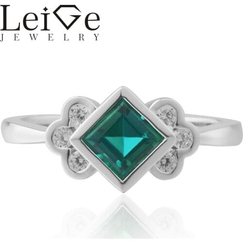 Leige Jewelry Lab Emerald Ring Square Cut Green Gemstone Engagement Rings For Woman Sterling Sliver 925 May Birthstone