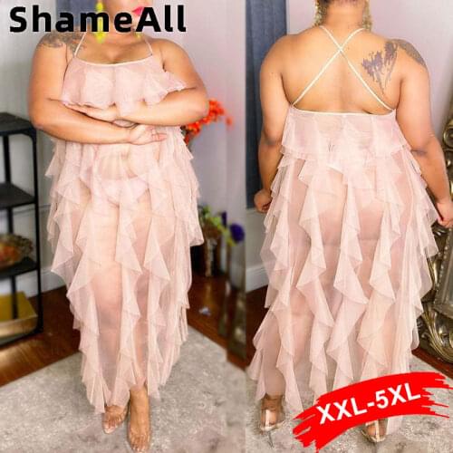 Plus Size Cascading Ruffle Backless Transparent Club Dress 4XL Summer See Through Mesh Spaghetti Strap Long Maxi Bandage Dresses