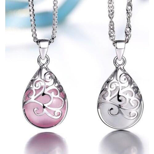 100% 925 Sterling Silver Necklace Love Angle Tear Moonlight Opal Ladies' Pendant Neckace For Women Gift 45cm Box Chain Choker