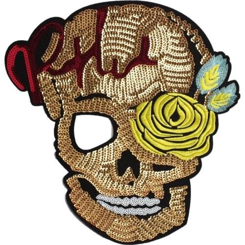 1 PC Gold Sequins Skull Patches Skeleton Embroidered Patch for Clothes Big Motif Appliques Patch DIY Sewing Accessories