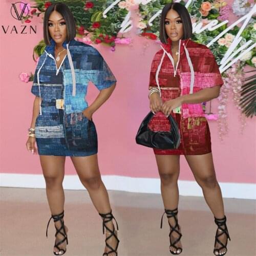 VAZN 2021 Casual Sprot Vintage Short Sleeve Patchwork Dress Casual Young Chiffon Slim Young Women Mini Dress