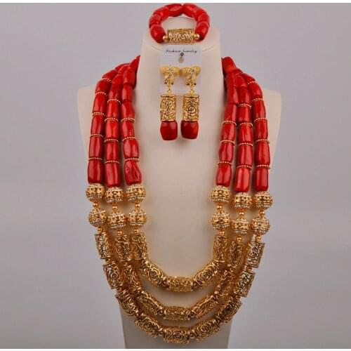 24inches 3 Layers Fashion Nigerian Red Coral Jewelry Sets Coral Beads Necklace Set Nigerian African Wedding Beads Jewelry Sets