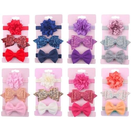 3pcs/lot Baby Girls Elastic Floral Bow Knot Bling Headband Children Skinny Stretchy Sequins Elastic Hair Band Hair Accessories