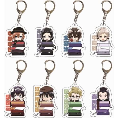 Anime Bungo Stray Dogs Keychain Cartoon Figure Acrylic Key Ring Holder Dazai Osamu Nakahara Chuya Akutagawa Ryunosuke Key Chain