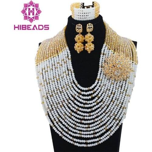 Big Nigerian Wedding Beads Necklaces Jewelry Set 2016 African Costume White Mix Gold Indian Bridal Beads Free Shipping ALJ804