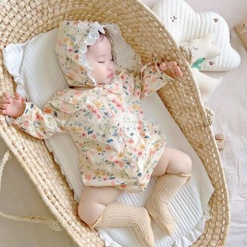 Princess Newborn Baby Romper 2021 Spring Infant Kids Girls Long Sleeve Peter Pan Collar Floral Playsuit Lace Hat 2PCS Clothes