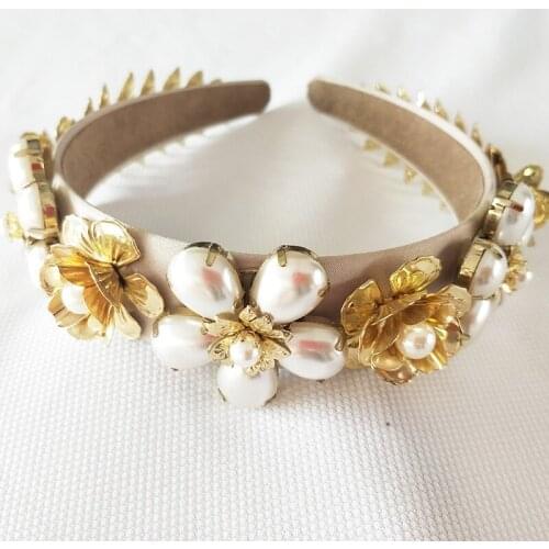Elegant Imitation Pearl Rhinestone inlay Bridal Golden leaves Crown Tiara Wedding Bride Hair Jewelry tiaras