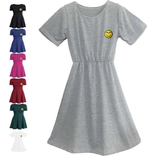 Cotton Womens Dress With Smiley Face Cloth Patch Printed Round Neck Fashion