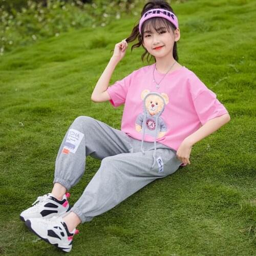 Teenage Girls Summer bear priting Children Clothes Outfits T-shirt + Pants For Kids Clothing Two-Piece Set 4 6 8 10 12 Years