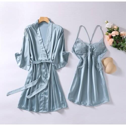 Sexy Kimono Bathrobe Gown Lace Patchwork Intimate Lingerie Satin Faux Silk 2PCS Robe Set Women Sleepwear Nightgown Home Clothes