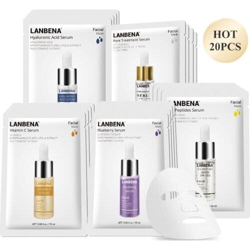 LANBENA Face Mask Skin Care Hyaluronic Acid Pore Treatment Serum VC Whitening Blueberry Oil Control Six Peptides Gift Set 20pcs