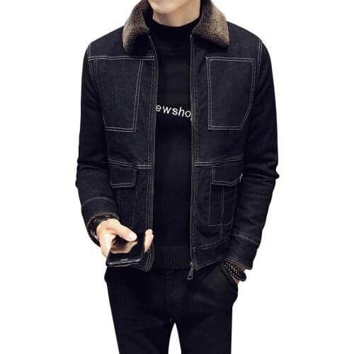 2021 Winter Men Denim Jacket Plus Velvet Jeans Coat Motorcycle Lapel Long Sleeve Zipper Casual Slim Black Cowboy Outwear