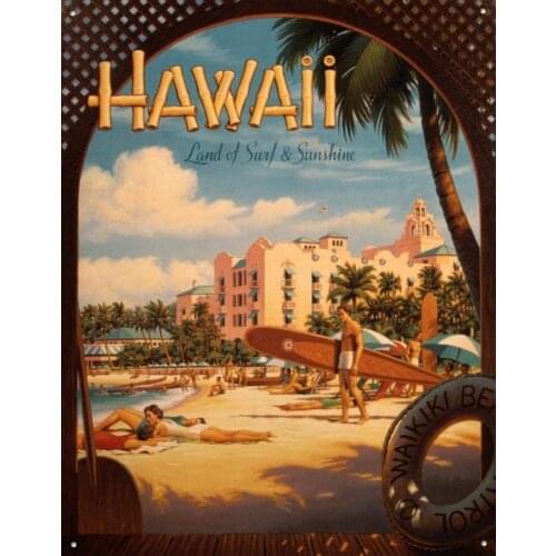 Nawilbi Travel Poster Tin Metal Sign : Hawaii Land of Surf & Sunshine (16X12, Hawaii)
