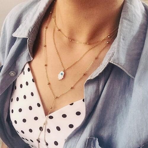 New Multilayer stainless steel shell Demon Eye Pendant Necklace Women Gold silver Color 3 layers Bead chain Choker Necklaces