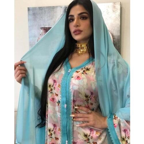 Abaya Dubai Elegant White Rose Print Ribbon V Neck Long Sleeve Caftan Dress Women Dubai Arabic Turkey Muslim Jalabiya 2021