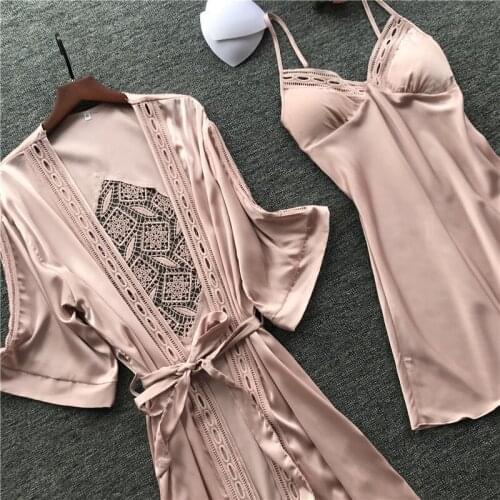 Women Robe Sets Sexy Lace Sleep Lounge Pyjama Long Sleeve Ladies Nightwear Nightgown Bathrobe Night Dress With Chest Pads