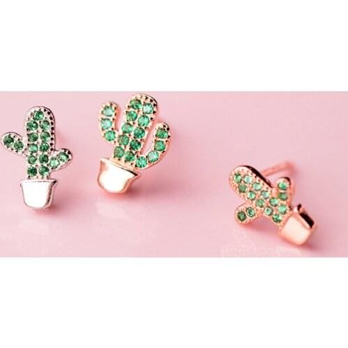 MloveAcc Genuine 925 Sterling Silver Green Cactus Plant Fashion Stud Earrings for Women Clear Cubic Zircon Jewelry