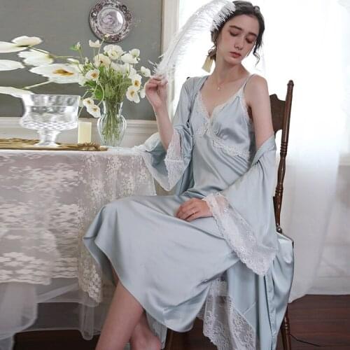 Women 2 Piece Robe Suit Spring Sexy Long Sleeve Lace Sleepwear Solid Suspender Nightdress Satin Pajamas Dress Home Thin Bathrobe