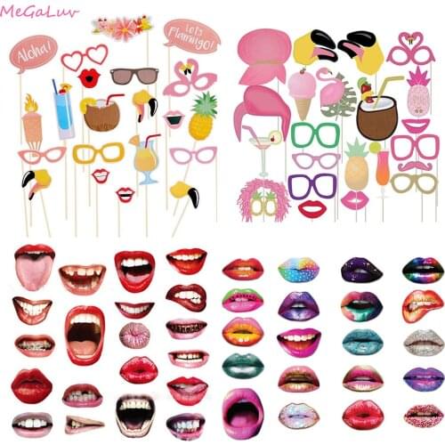 20pcs Flamingo Hawaii Photo Booth Funny Lip Mouth Photobooth Props Wedding Decoration Tropical Summer Luau Birthday Party Props